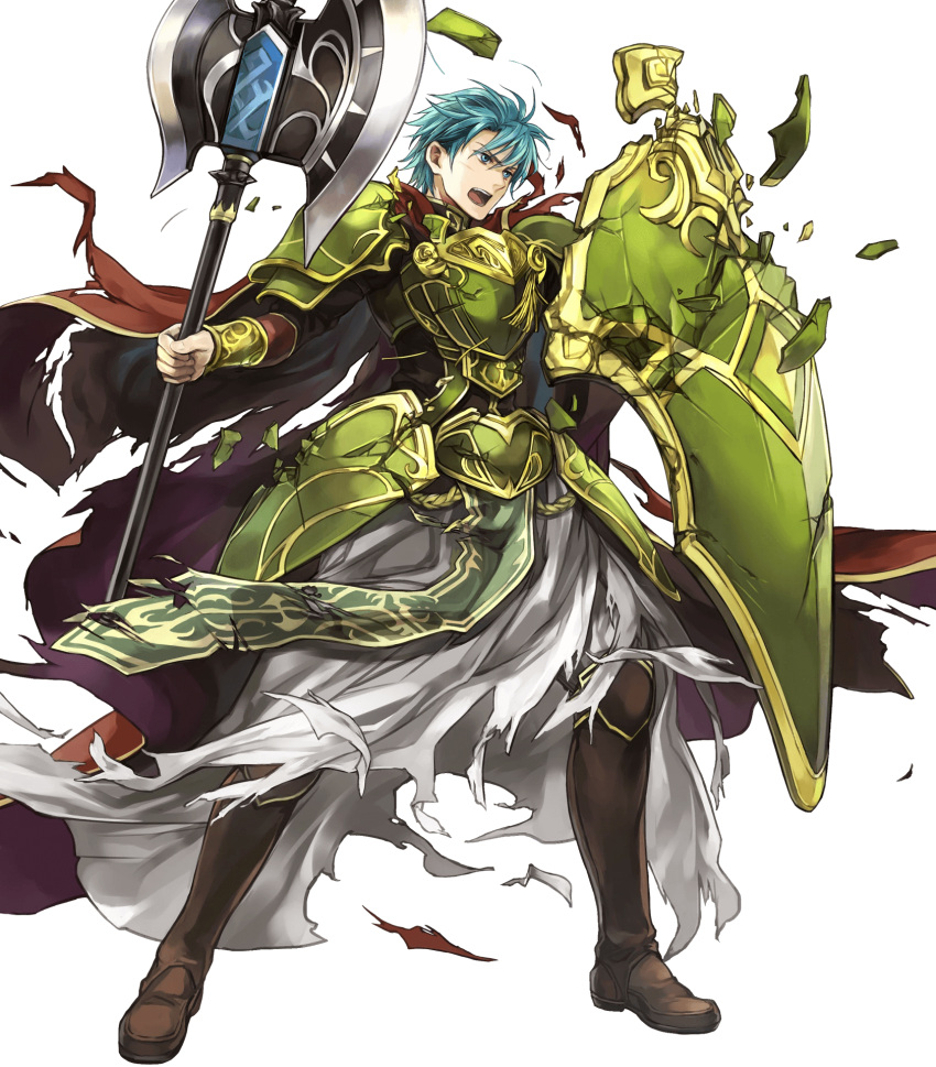 1boy aqua_eyes armor axe battle_axe boots broken_armor broken_shield brown_footwear cape cosplay damaged ephraim fado_(fire_emblem) fado_(fire_emblem)_(cosplay) fire_emblem fire_emblem:_seima_no_kouseki fire_emblem_heroes full_armor green_armor green_hair highres holding holding_axe holding_shield loincloth male_focus official_art open_mouth pants red_cape robe serious shield short_hair shoulder_armor solo teeth torn_cape torn_clothes torn_loincloth torn_robe undershirt wada_sachiko weapon white_robe