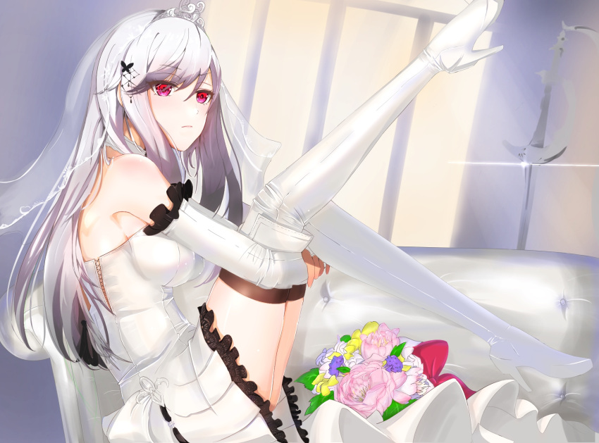 1girl alternate_costume azur_lane bangs bare_shoulders blush boots bouquet breasts bridal_gauntlets bridal_veil bride cleavage closed_mouth dress dunkerque_(azur_lane) expressionless eyebrows_visible_through_hair flower gloves hair_ornament high_heel_boots high_heels highres large_breasts leg_up long_hair lounge pink_eyes ponytail sai_jjjgg shiny shiny_skin sidelocks sitting solo thigh-highs thigh_boots thighs tiara veil wedding_dress white_dress white_footwear white_gloves