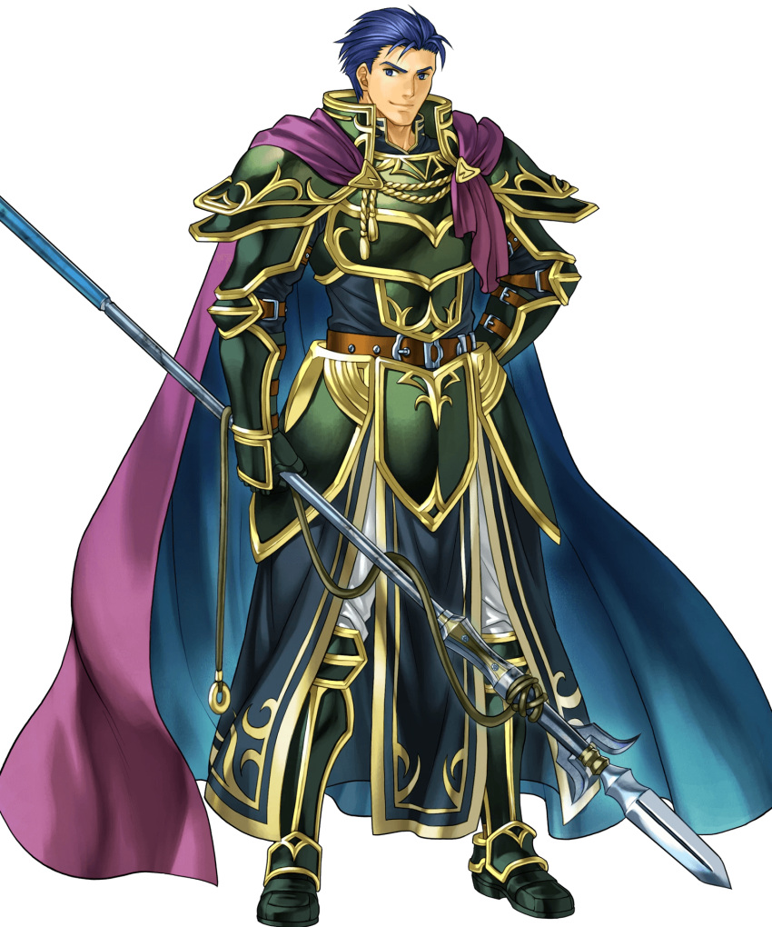 1boy arm_belt armor belt blue_eyes blue_hair cape cosplay fire_emblem fire_emblem:_rekka_no_ken fire_emblem_heroes full_armor gauntlets greaves green_armor hector_(fire_emblem) highres holding holding_spear holding_weapon kita_senri lips loincloth male_focus multiple_belts official_art pants polearm purple_cape shoulder_armor smile spear undershirt uther_(fire_emblem) uther_(fire_emblem)_(cosplay) weapon white_pants