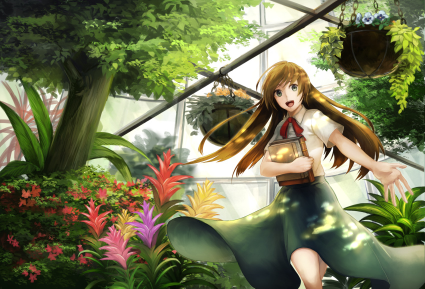 1girl :d aokawa_(blueriver) black_skirt book botanical_garden brown_hair bush dappled_sunlight day flower greenhouse grey_eyes highres holding holding_book indoors long_hair official_art open_mouth original outstretched_hand pansy plant potted_plant red_ribbon ribbon shirt skirt smile solo standing sunlight tree very_long_hair white_shirt