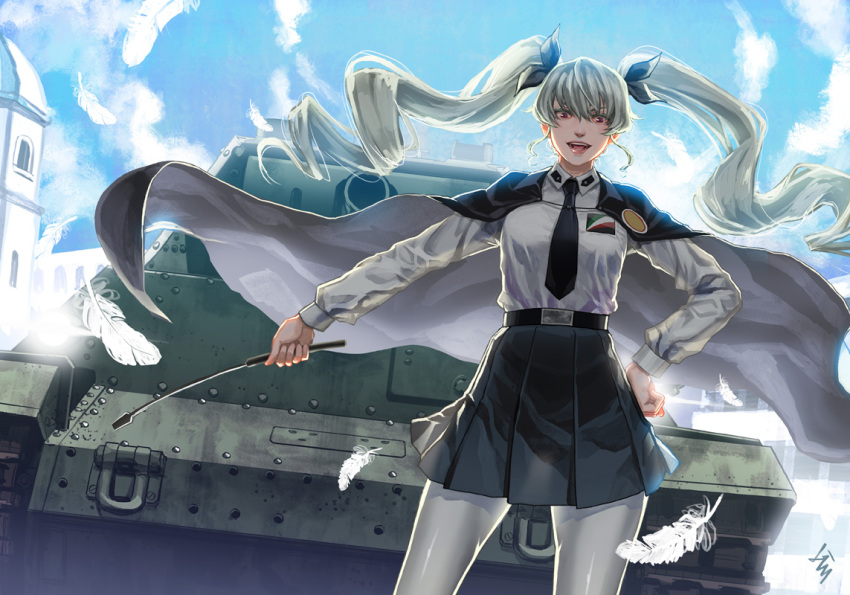 1girl anchovy anzio_school_uniform artist_name backlighting bangs belt black_belt black_cape black_neckwear black_ribbon black_skirt blue_sky building cape carro_armato_p40 clouds cloudy_sky commentary day dress_shirt drill_hair dutch_angle emblem feathers girls_und_panzer green_hair ground_vehicle hair_ribbon hand_on_hip holding kws long_hair long_sleeves looking_at_viewer military military_vehicle miniskirt motor_vehicle necktie open_mouth outdoors pantyhose pleated_skirt red_eyes ribbon riding_crop school_uniform shirt signature skirt sky smile solo standing tank twin_drills twintails white_legwear white_shirt window