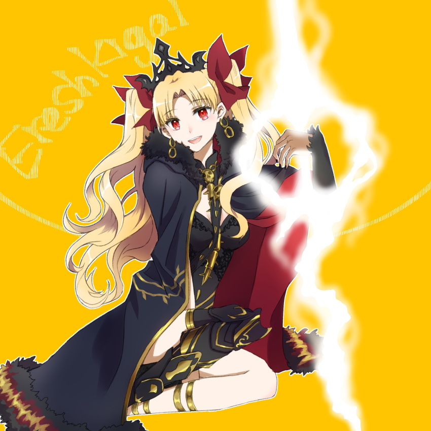 1girl :d armored_boots asymmetrical_footwear asymmetrical_legwear asymmetrical_sleeves bangs black_cape black_dress black_footwear black_legwear black_nails blonde_hair blush boots bow breasts cape character_name dress earrings ereshkigal_(fate/grand_order) eyebrows_visible_through_hair fate/grand_order fate_(series) fingernails fur-trimmed_cape fur_trim glowing hair_bow head_tilt highres infinity jewelry long_hair long_sleeves medium_breasts multicolored multicolored_cape multicolored_clothes nail_polish open_mouth orange_background parted_bangs red_bow red_cape red_eyes round_teeth rui_(rui_draw) single_sleeve single_thigh_boot skull smile solo spine teeth tiara two_side_up upper_teeth very_long_hair
