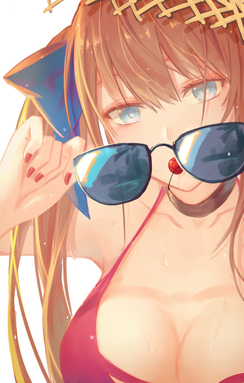 1girl ahoge alternate_costume bangs bikini blue_eyes blue_ribbon bow breasts brown_hair cherry choker cleavage close-up collarbone fal_(girls_frontline) food fruit girls_frontline hat highres holding holding_eyewear large_breasts long_hair looking_at_viewer mouth_hold red_bikini ribbon side_ponytail simple_background solo straw_hat sunglasses swimsuit very_long_hair wet white_background xing_muhen