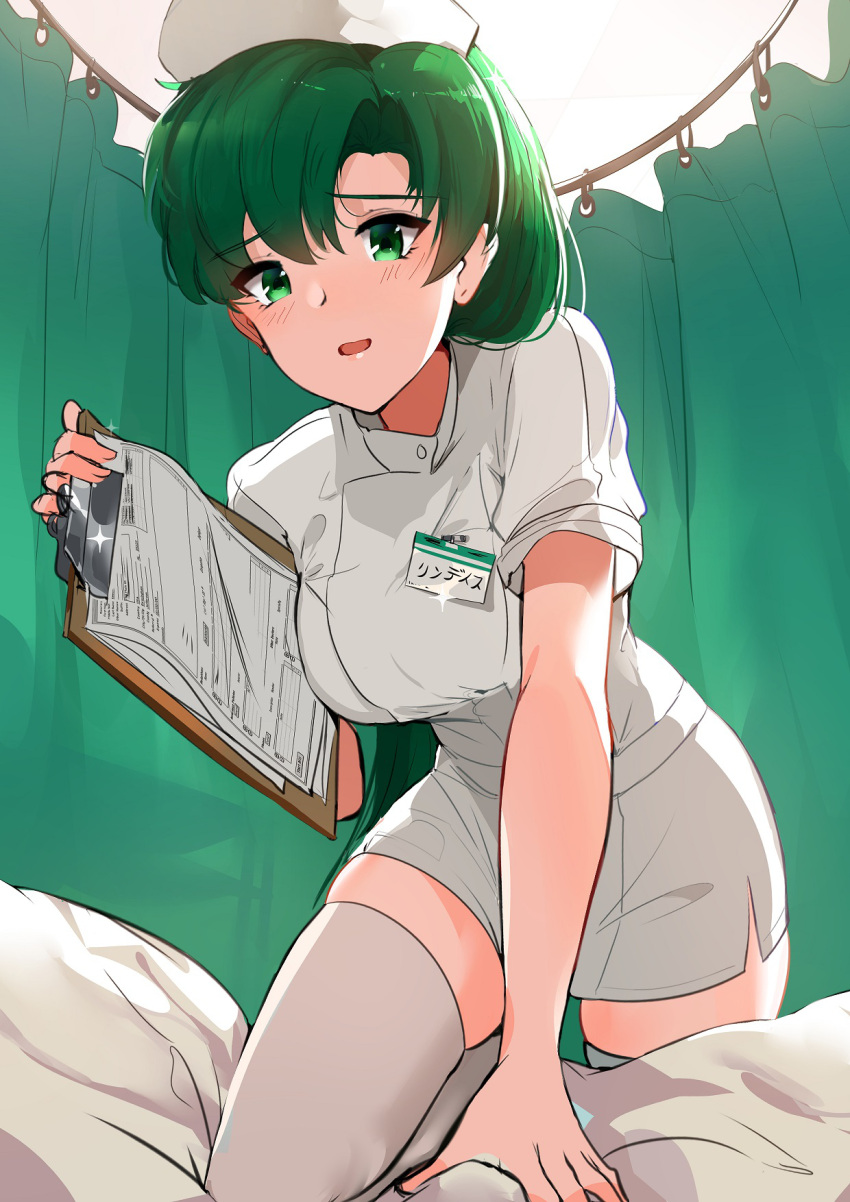 1girl bangs blush breasts clipboard commentary commentary_request curtains eyebrows_visible_through_hair fire_emblem fire_emblem:_rekka_no_ken green_eyes green_hair hat highres hips large_breasts long_hair looking_at_viewer lyndis_(fire_emblem) name_tag nurse nurse_cap open_mouth ormille solo thigh-highs thighs white_legwear zettai_ryouiki