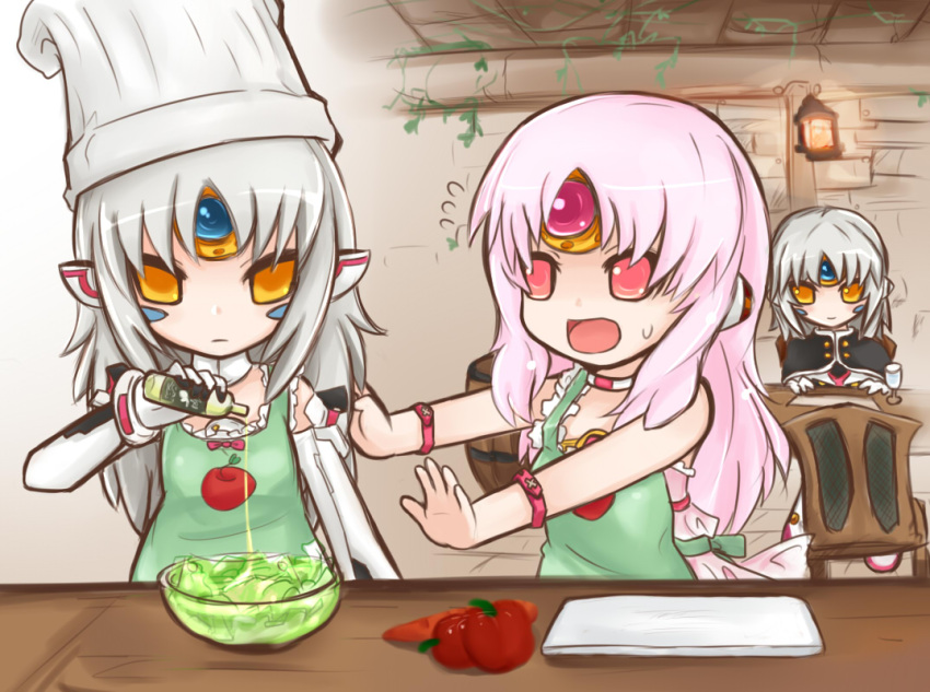 3girls apple_(elsword) apron chef_hat code:_empress_(elsword) code:_nemesis_(elsword) cooking elsword eve_(elsword) facial_mark hat long_hair morumoru00 multiple_girls short_hair silver_hair yellow_eyes