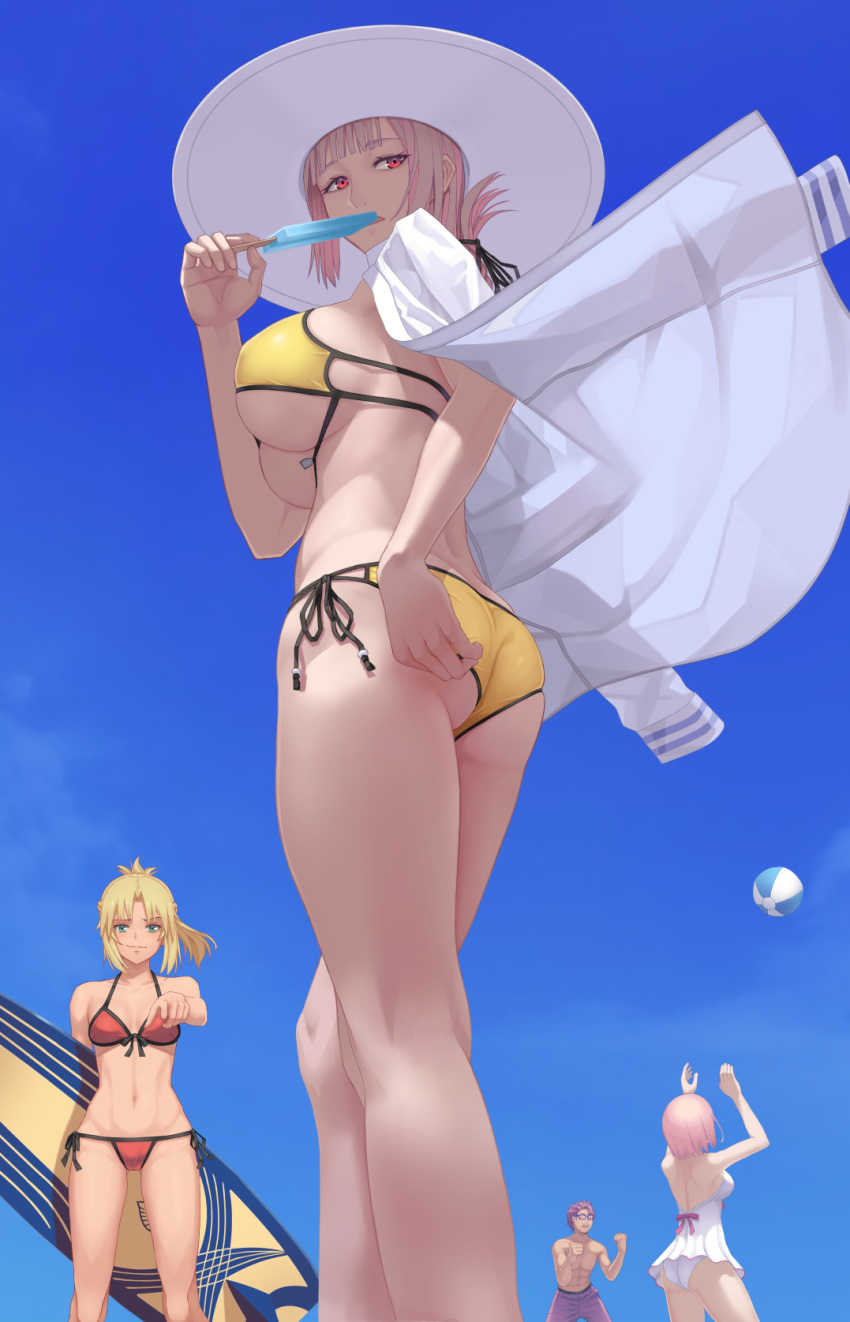 1boy 3girls adjusting_clothes adjusting_swimsuit alternate_costume artist_request ass ball bare_legs beachball bikini blonde_hair breasts cleavage commentary_request curvy eating fate/grand_order fate_(series) female florence_nightingale_(fate/grand_order) food from_side front-tie_bikini front-tie_top goggles hat highres jacket jacket_on_shoulders lancelot_(fate/grand_order) large_breasts lavender_hair mash_kyrielight mordred_(fate)_(all) mordred_(swimsuit_rider)_(fate) multiple_girls pink_hair pointing popsicle red_bikini red_eyes short_hair side-tie_bikini sky sunlight surfboard swimsuit takehisa_tomoe under_boob walking white_swimsuit yellow_bikini