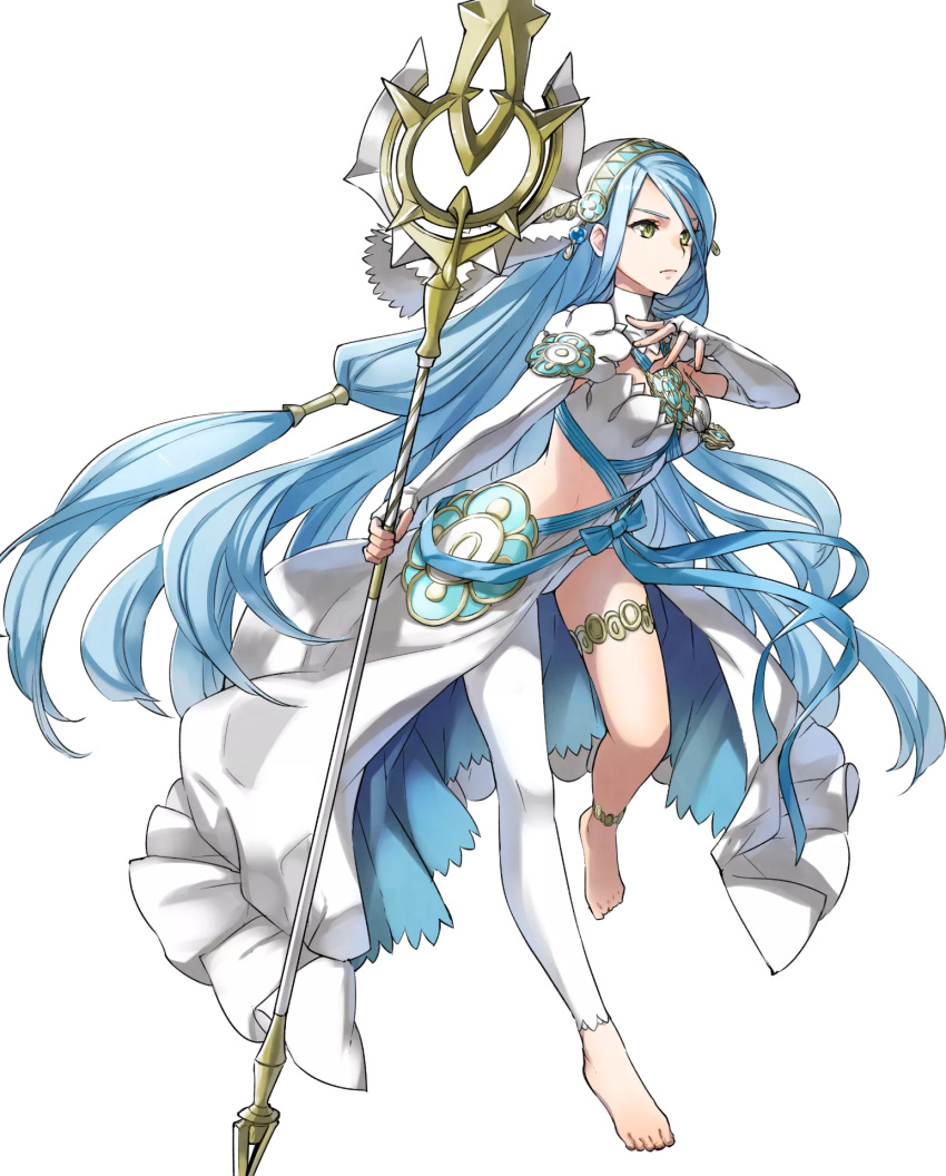 1girl aqua_(fire_emblem_if) barefoot blue_hair dress elbow_gloves fingerless_gloves fire_emblem fire_emblem_heroes fire_emblem_if gloves hair_between_eyes hairband highres jewelry kaya8 long_hair looking_at_viewer official_art polearm simple_background smile solo spear veil very_long_hair weapon yellow_eyes