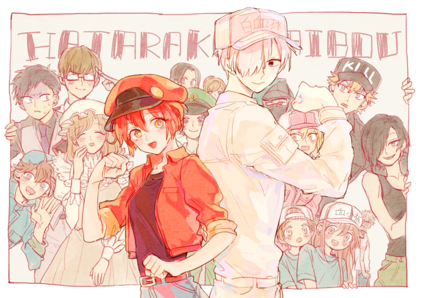 6+boys 6+girls ae-3803 ahoge apron b_cell_(hataraku_saibou) back-to-back baseball_cap basophil_(hataraku_saibou) belt beret black_eyes black_hair black_hat black_shirt blonde_hair blue_eyes blue_hat blue_shirt blush breasts brown_hair cancer_cell_(hataraku_saibou) clenched_hand closed_eyes collared_shirt copyright_name covered_mouth cowboy_shot dendritic_cell_(hataraku_saibou) denim denim_shorts dress eosinophil_(hataraku_saibou) everyone fur-trimmed_hat glasses green_hat hair_bun hair_over_one_eye hand_to_own_mouth hat hataraku_saibou helper_t_(hataraku_saibou) jacket killer_t_(hataraku_saibou) light_brown_hair long_hair long_sleeves looking_at_viewer macrophage_(hataraku_saibou) mast_cell medium_breasts memory_cell_(hataraku_saibou) mob_cap multiple_boys multiple_girls necktie nk_cell_(hataraku_saibou) no_pupils open_mouth pants pink_eyes pink_hat pink_shirt platelet_(hataraku_saibou) red_blood_cell_(hataraku_saibou) red_hat red_jacket redhead regulatory_t_(hataraku_saibou) salute shirt short_hair short_sleeves shorts smile spiky_hair sweatdrop syu t-shirt tank_top u-1146 vest waving white_blood_cell_(hataraku_saibou) white_hair white_hat white_shirt white_skin yellow_eyes