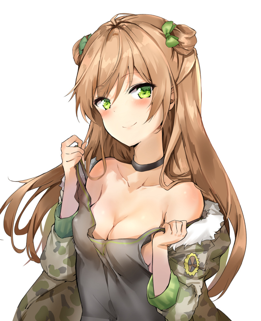 1girl absurdres ahoge bangs bare_shoulders black_dress blush bow breasts brown_hair choker cleavage coat collarbone double_bun dress dress_tug eyebrows_visible_through_hair fur-trimmed_coat fur_trim girls_frontline green_eyes hair_bow head_tilt highres long_hair looking_at_viewer medium_breasts no_bra off_shoulder open_clothes open_coat rfb_(girls_frontline) sidelocks simple_background smile solo sunhyun upper_body white_background