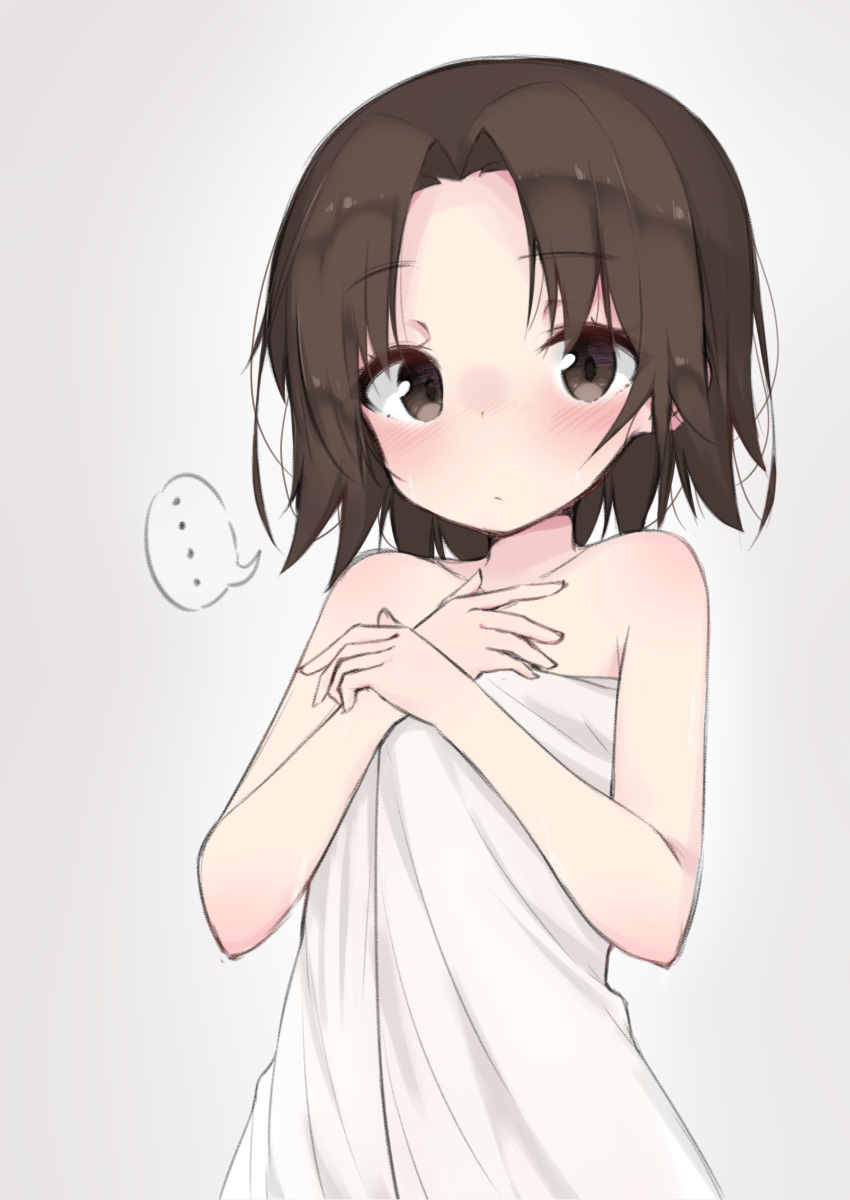 ... 1girl absurdres bangs blush brown_eyes brown_hair closed_mouth commentary doorknoble eyebrows_visible_through_hair frown girls_und_panzer grey_background highres looking_at_viewer naked_towel parted_bangs sawa_azusa short_hair solo spoken_ellipsis standing towel upper_body