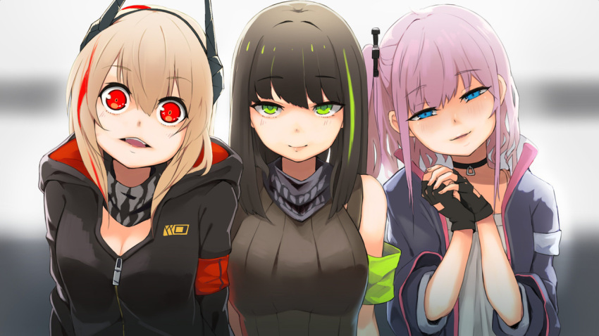 3girls armband bandanna black_choker blonde_hair blue_eyes blurry blurry_background breasts choker cleavage crazy_eyes depth_of_field eyebrows_visible_through_hair fingerless_gloves girls_frontline gloves green_eyes grey_hair grey_jacket grey_sweater hairband half-closed_eyes hands_up head_tilt headgear hood hood_down hoodie jacket kion-kun large_breasts long_sleeves looking_at_viewer m4a1_(girls_frontline) medium_breasts multicolored_hair multiple_girls open_clothes open_jacket own_hands_together parted_lips pink_hair red_eyes shirt side_ponytail smile streaked_hair sweater white_shirt wide-eyed