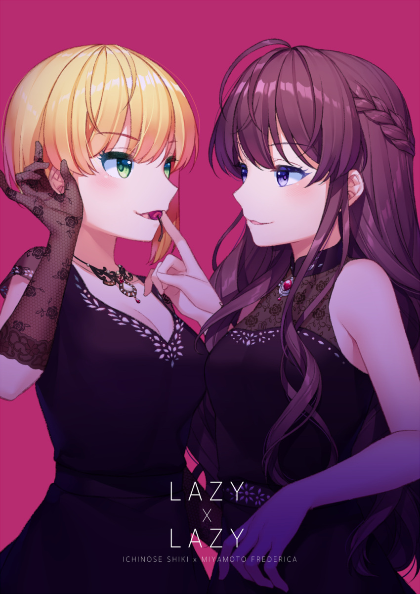 2girls :3 ahoge asymmetrical_hair bangs blonde_hair blush braid breasts brown_gloves brown_hair character_name cherry cleavage commentary dress english_commentary eye_contact feeding food french_braid fruit gloves green_eyes highres ichinose_shiki idolmaster idolmaster_cinderella_girls idolmaster_cinderella_girls_starlight_stage jenevan jewelry large_breasts long_hair looking_at_another miyamoto_frederica mouth_hold multiple_girls necklace parted_lips purple_background purple_dress see-through short_hair simple_background smile standing violet_eyes