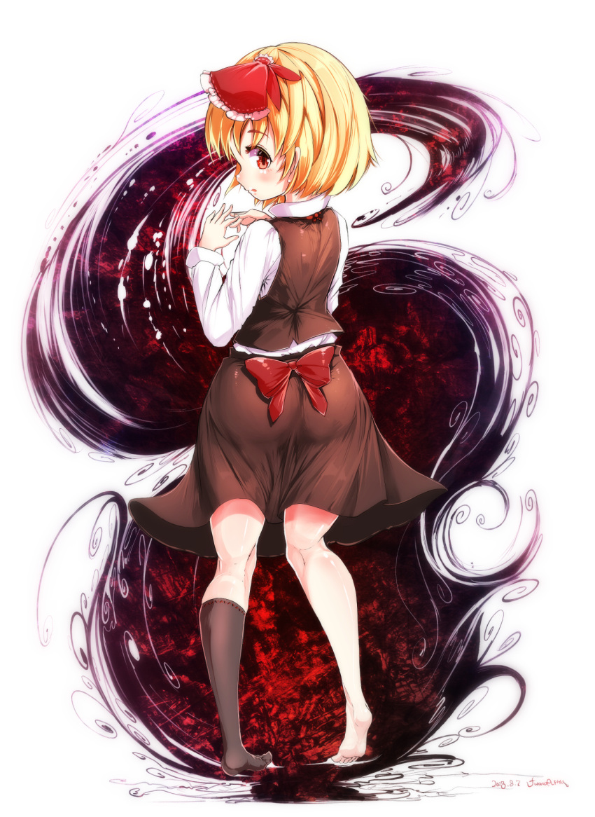 1girl asymmetrical_legwear black_skirt blonde_hair bow collar commentary_request dated dress eyebrows_visible_through_hair feet from_behind furim hair_ribbon hands_together highres kneepits looking_at_viewer looking_back red_eyes ribbon rumia shirt short_hair signature single_sock skirt socks touhou undershirt white_shirt