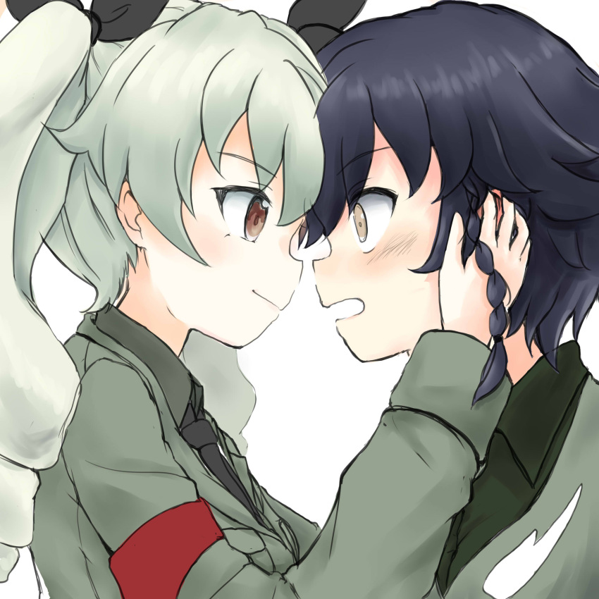 2girls absurdres anchovy anzio_military_uniform bangs black_hair black_neckwear black_ribbon black_shirt blush braid brown_eyes closed_mouth commentary_request dress_shirt drill_hair eyebrows_visible_through_hair from_side girls_und_panzer green_hair grey_jacket hair_ribbon hands_on_another's_face highres jacket light_frown light_smile long_hair long_sleeves looking_at_another military military_uniform multiple_girls necktie open_mouth partial_commentary pepperoni_(girls_und_panzer) red_eyes ribbon shirt short_hair side_braid simple_background twin_drills twintails uniform upper_body wabiushi white_background yuri