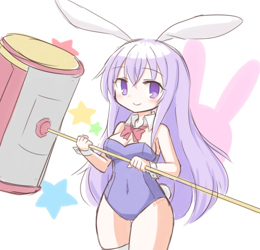 1girl animal_ears blush bunnysuit commentary_request covered_navel detached_collar erina_(rabi-ribi) eyebrows_visible_through_hair frr_(akf-hs) hammer highres long_hair looking_at_viewer purple_hair rabbit_ears rabi-ribi simple_background smile solo star twitter_username very_long_hair violet_eyes white_background wrist_cuffs