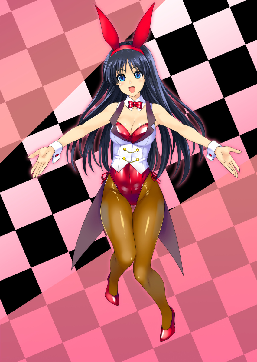 1girl animal_ears bow bowtie breasts brown_legwear bunny_girl bunny_tail bunnysuit checkered checkered_background cleavage detached_collar full_body highres kamia_(not_found) leotard looking_at_viewer medium_breasts open_mouth original outstretched_arms pantyhose rabbit_ears red_leotard red_neckwear smile solo strapless strapless_leotard tail thigh_gap vest white_vest wrist_cuffs