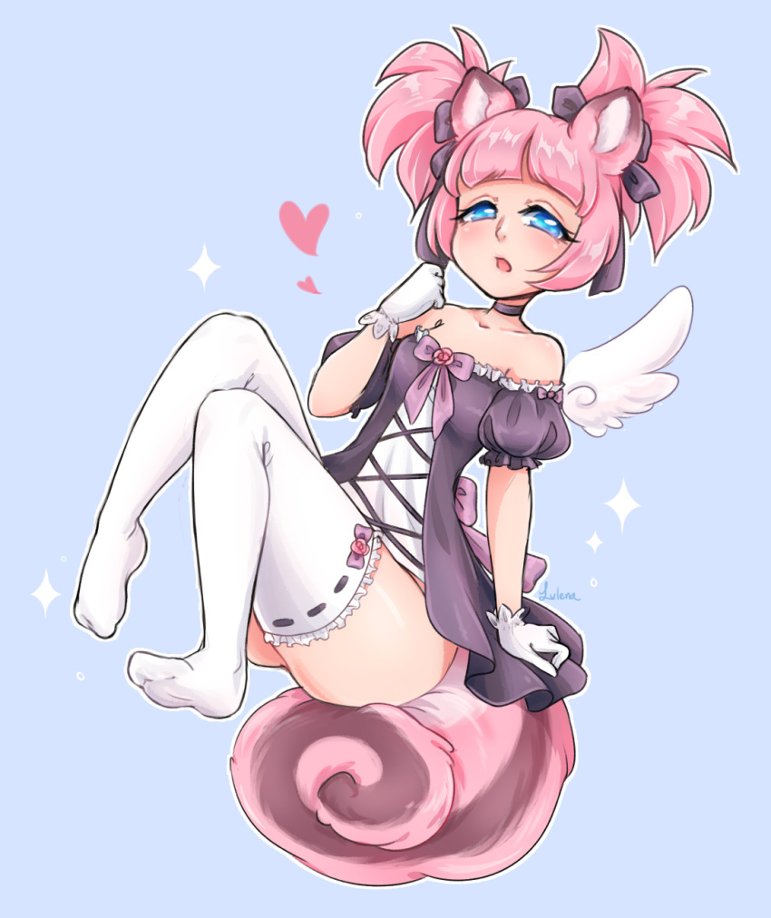 1girl angel_wings animal_ears bare_shoulders black_dress blue_background blue_eyes dog_ears dog_tail dress elin_(tera) gloves hand_to_own_mouth heart highres knees_up lulena open_mouth pink_hair ribbon short_dress short_hair simple_background solo sparkle strapless strapless_dress tail tera_online thigh-highs twintails white_gloves white_legwear wings