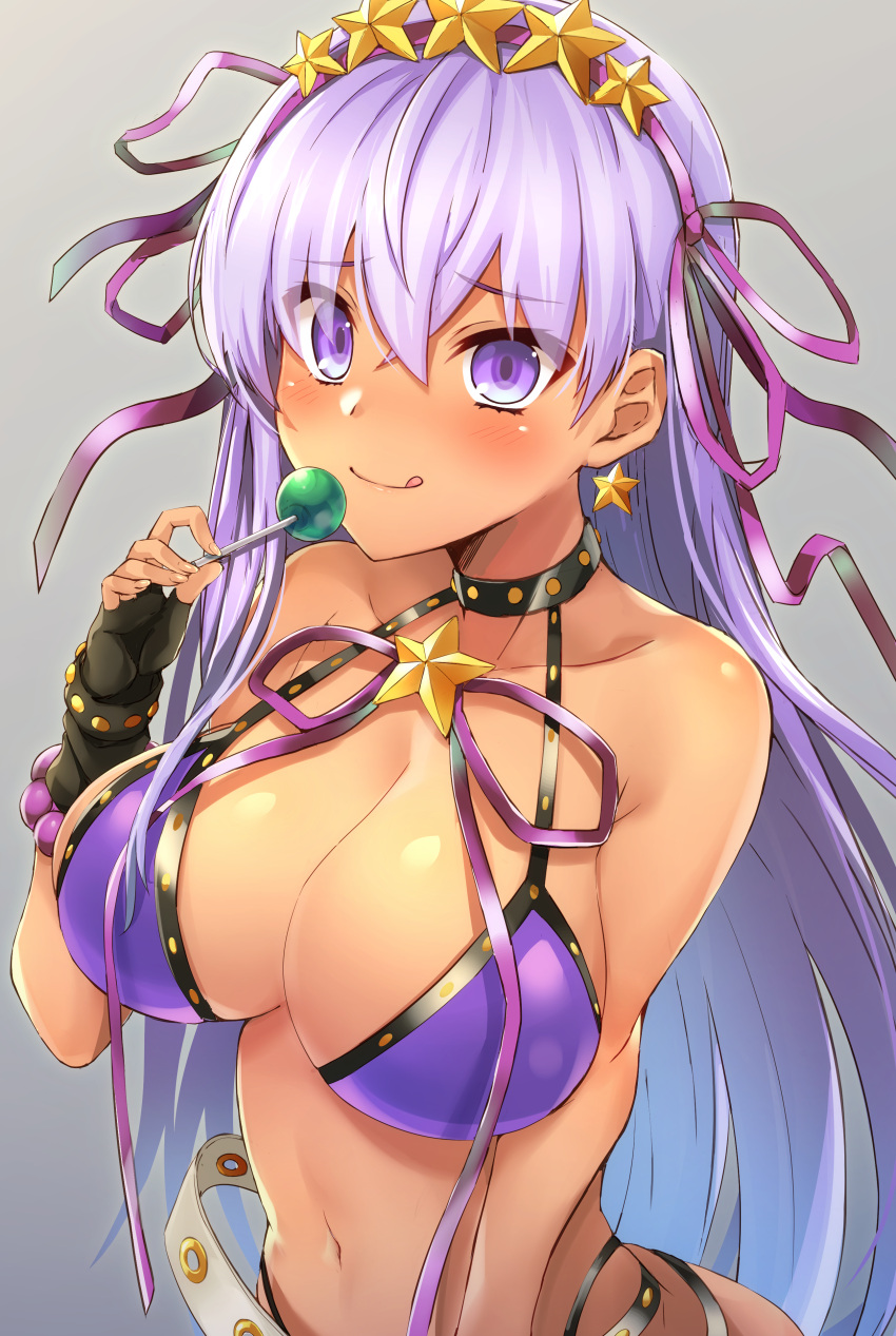 1girl :q absurdres bangs bare_shoulders bb_(fate/extra_ccc) bb_(swimsuit_mooncancer)_(fate) bikini black_choker black_gloves blue_hair blush breasts candy choker cleavage closed_mouth collarbone commentary_request earrings eyebrows_visible_through_hair fate/grand_order fate_(series) fingerless_gloves fingernails food gloves gradient gradient_background gradient_hair grey_background hair_between_eyes hair_ribbon hand_up highres holding holding_food holding_lollipop jewelry large_breasts lollipop long_hair looking_at_viewer multicolored_hair navel purple_bikini purple_hair purple_ribbon ribbon samoore smile solo star star_earrings swimsuit tan tongue tongue_out very_long_hair violet_eyes