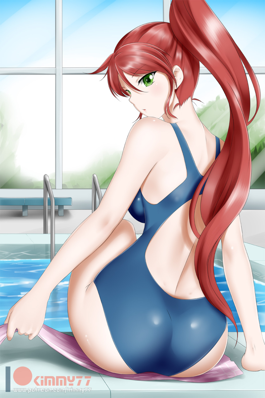 1girl alfred_cullado ass bare_shoulders blue_swimsuit breasts butt_crack from_behind green_eyes hair_between_eyes highres indoors long_hair looking_at_viewer looking_back medium_breasts one-piece_swimsuit parted_lips ponytail pool poolside pyrrha_nikos redhead rwby shiny shiny_hair shiny_skin solo swimsuit towel very_long_hair water