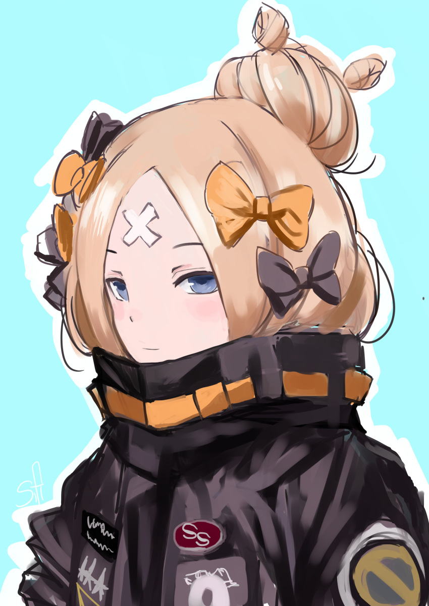 1girl abigail_williams_(fate/grand_order) absurdres bangs black_bow black_jacket blonde_hair blue_background blue_eyes blush bow closed_mouth crossed_bandaids fat123 fate/grand_order fate_(series) hair_bow hair_bun highres jacket light_smile long_hair looking_at_viewer orange_bow parted_bangs polka_dot polka_dot_bow sketch solo