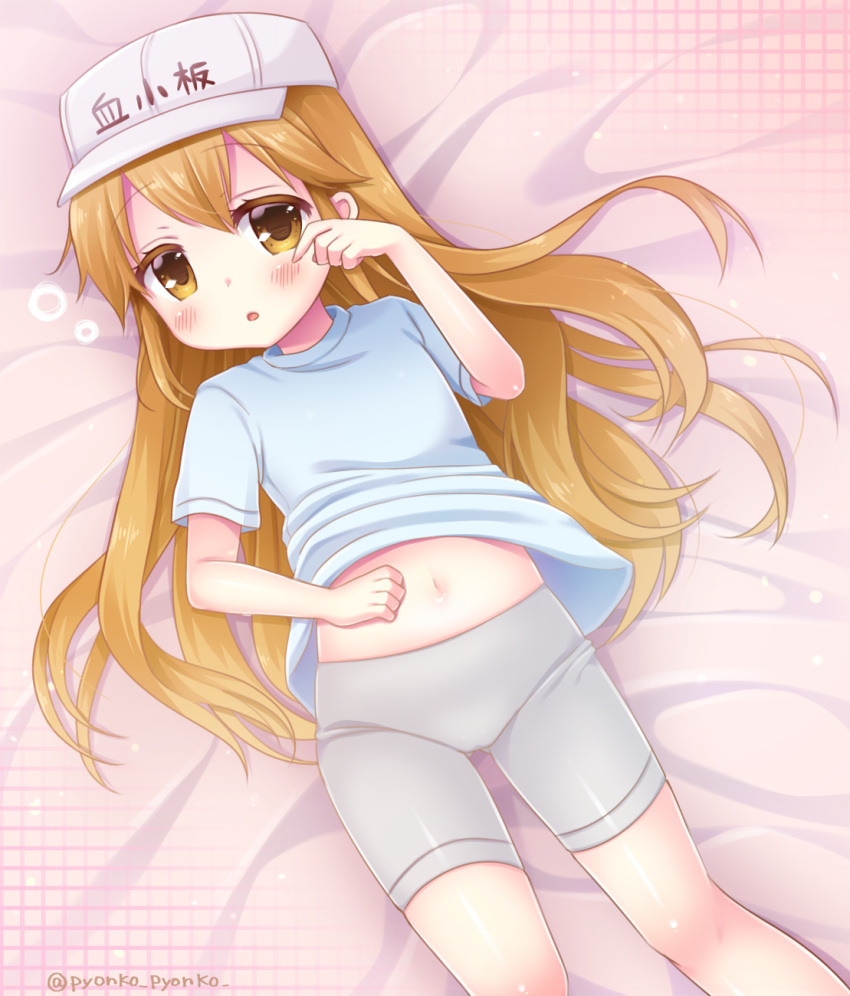 1girl arm_up bike_shorts blue_shirt blush brown_eyes brown_hair grey_shorts hand_on_own_stomach hand_to_own_face hat hataraku_saibou highres long_hair lying navel on_back platelet_(hataraku_saibou) pyonko_(pyonko_pyonko) shirt shirt_lift shorts solo