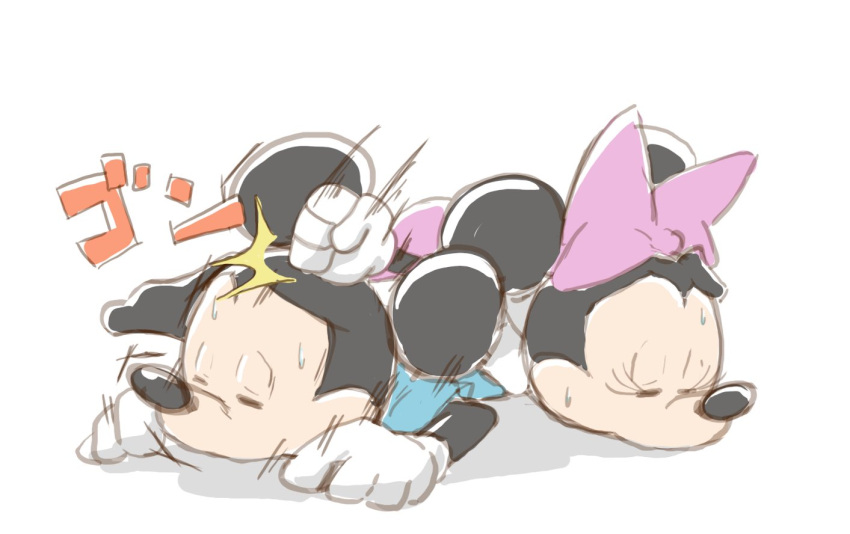 1boy 1girl animal_ears blue_shirt bow clenched_fist closed_eyes commentary_request disney dress gloves green_kj_momo hitting lying mickey_mouse minnie_mouse on_stomach pink_dress shirt white_background white_gloves