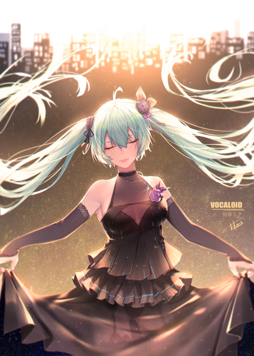 1girl absurdres ahoge aqua_hair armpits bangs bare_shoulders black_dress black_legwear black_panties breasts bridal_gauntlets character_name cityscape cleavage closed_eyes closed_mouth commentary_request copyright_name dress facing_viewer flower garter_straps glint hair_between_eyes hair_flower hair_ornament hatsune_miku highres jewelry koi_han layered_dress light long_hair medium_breasts necklace panties pendant pink_lips purple_flower purple_rose rose see-through signature skirt_hold smile solo thigh-highs twintails underwear very_long_hair vocaloid