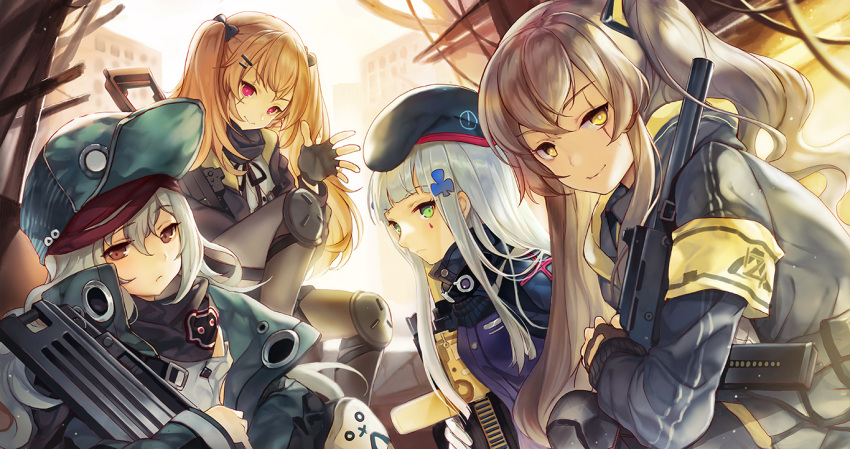 4girls armband assault_rifle bandanna bangs beret black_bow black_gloves black_jacket black_neckwear black_ribbon blonde_hair blue_hat blue_jacket blunt_bangs bow bright_pupils brown_eyes brown_hair closed_mouth coat commentary_request facial_mark fingerless_gloves g11_(girls_frontline) girls_frontline gloves grey_hair gun hair_bow hair_ornament hand_up hat hk416_(girls_frontline) holding holding_gun holding_weapon jacket knee_pads long_hair looking_at_viewer multiple_girls neck_ribbon one_side_up open_clothes open_coat outdoors pantyhose peaked_cap ribbon rifle scar scar_across_eye sibyl smile twintails ump45_(girls_frontline) ump9_(girls_frontline) waving weapon weapon_request