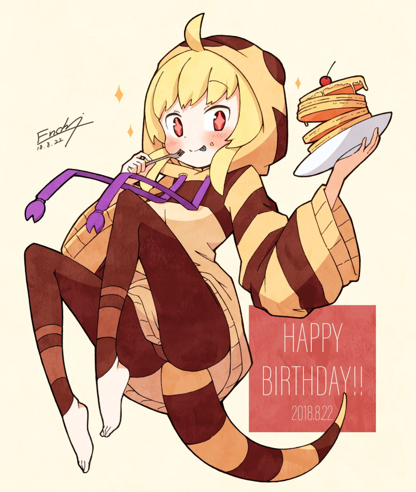 +_+ 1girl :p barefoot blonde_hair blush commentary_request crumbs drawstring enk_0822 eyebrows_visible_through_hair food fork fruit highres hood hoodie kemono_friends lizard_tail long_sleeves original oversized_clothes pancake pantyhose red_eyes short_hair signature solo star strawberry tail toeless_legwear tongue tongue_out western_blue-tongued_skink_(kemono_friends)_(enk_0882)