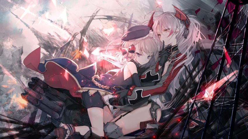 2girls antenna_hair azur_lane bangs bare_shoulders beret blonde_hair blue_eyes boots bow breasts cannon cierra_(ra-bit) covered_mouth eyebrows_visible_through_hair finger_to_mouth garter_straps gloves hair_between_eyes hair_ornament hat headgear hug iron_cross large_breasts light_particles long_hair looking_at_viewer machinery medium_breasts multicolored_hair multiple_girls official_art outdoors prinz_eugen_(azur_lane) redhead ribbon rigging short_hair shorts sidelocks silver_hair sitting smile streaked_hair thighs torpedo_launcher turret two_side_up very_long_hair wide_sleeves z23_(azur_lane)