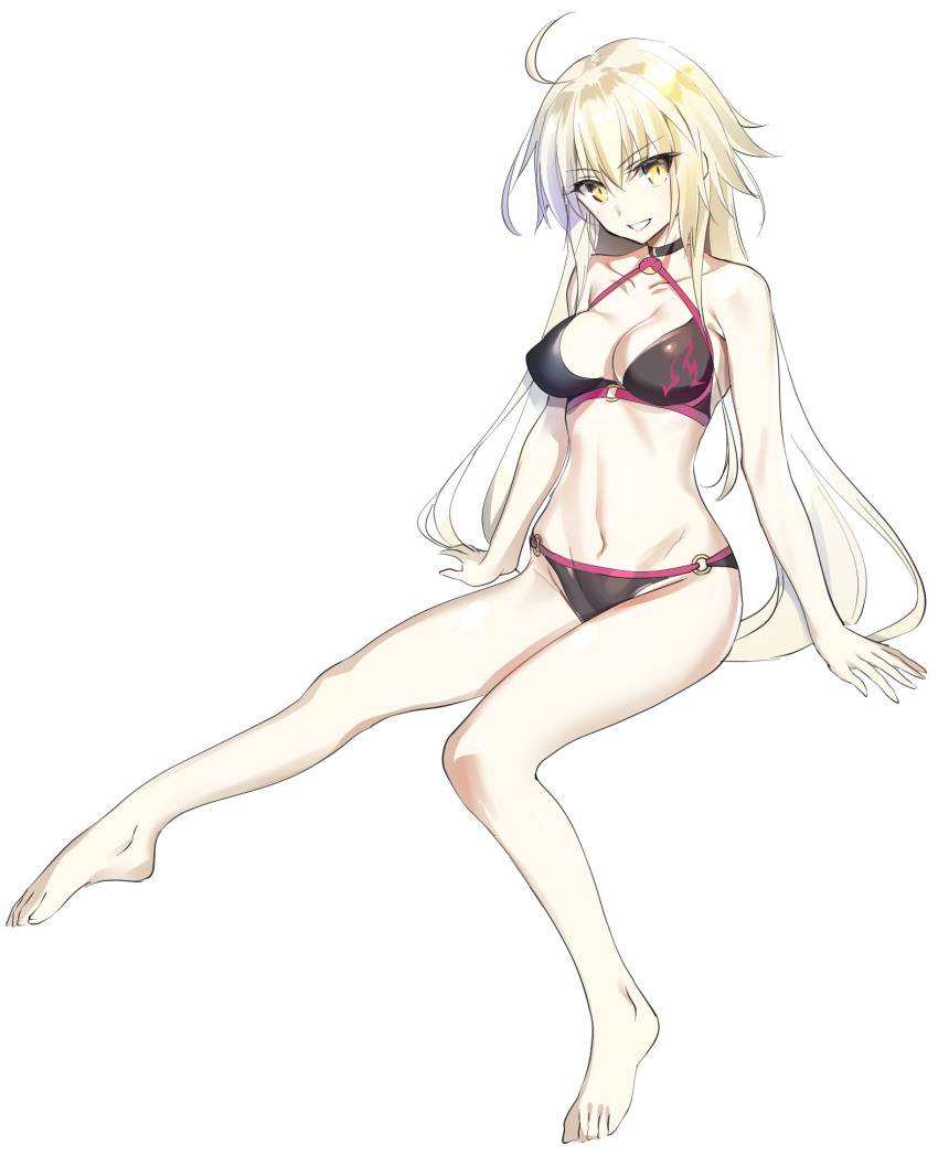 1girl :d ahoge bangs bare_arms bare_legs bare_shoulders barefoot bikini black_bikini black_choker breasts brown_eyes choker cleavage collarbone commentary_request eyebrows_visible_through_hair fate/grand_order fate_(series) groin hair_between_eyes head_tilt highres jeanne_d'arc_(alter_swimsuit_berserker) jeanne_d'arc_(fate)_(all) large_breasts long_hair looking_at_viewer navel o-ring o-ring_bikini o-ring_bottom o-ring_top open_mouth silver_hair simple_background smile solo swimsuit very_long_hair white_background youta