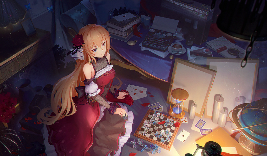 1girl blonde_hair blue_eyes board_game book_stack breasts cake_hair_ornament candle card cha_(pixiv12794171) chess chess_piece dress food_themed_hair_ornament globe hair_ornament hourglass indoors large_breasts looking_away original plate playing_card red_dress