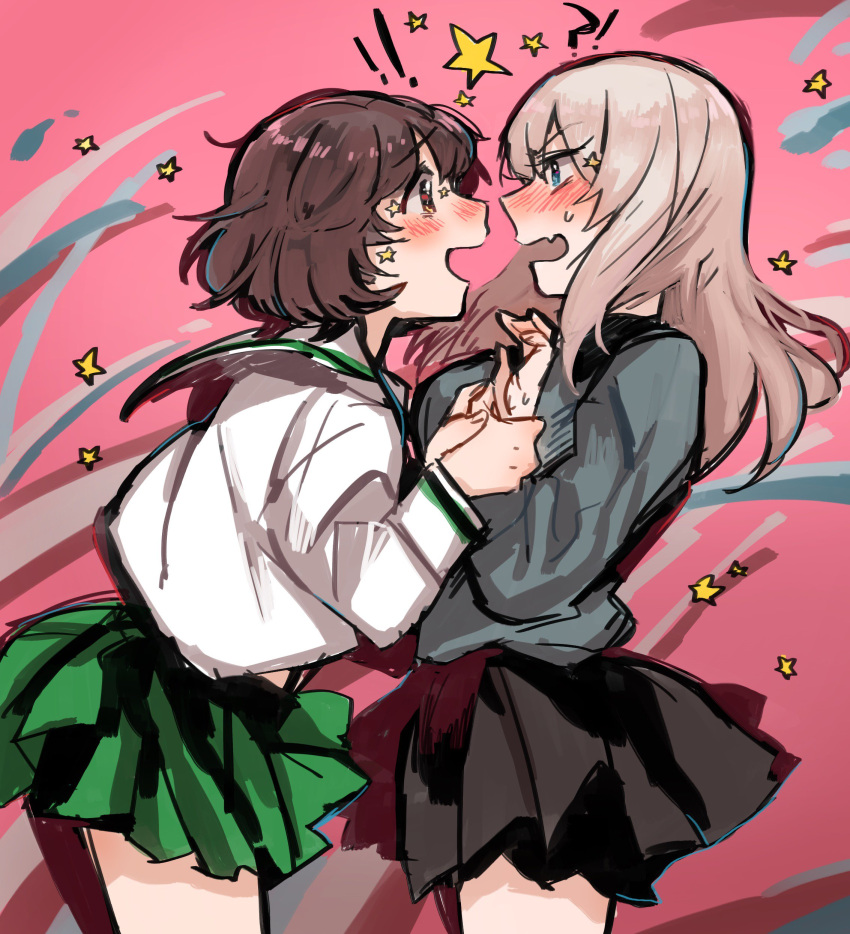 !! !? 2girls absurdres akiyama_yukari arm_grab bangs black_neckwear black_skirt blouse blue_eyes blush brown_eyes brown_hair commentary cowboy_shot dress_shirt eyebrows_visible_through_hair frown girls_und_panzer green_skirt grey_shirt highres itsumi_erika kuromorimine_school_uniform leaning_forward long_hair long_sleeves looking_at_another messy_hair miniskirt multiple_girls neckerchief ooarai_school_uniform open_mouth pleated_skirt school_uniform serafuku shirt short_hair silver_hair sketch skirt smile standing star starry_background sweatdrop tama_wo white_blouse