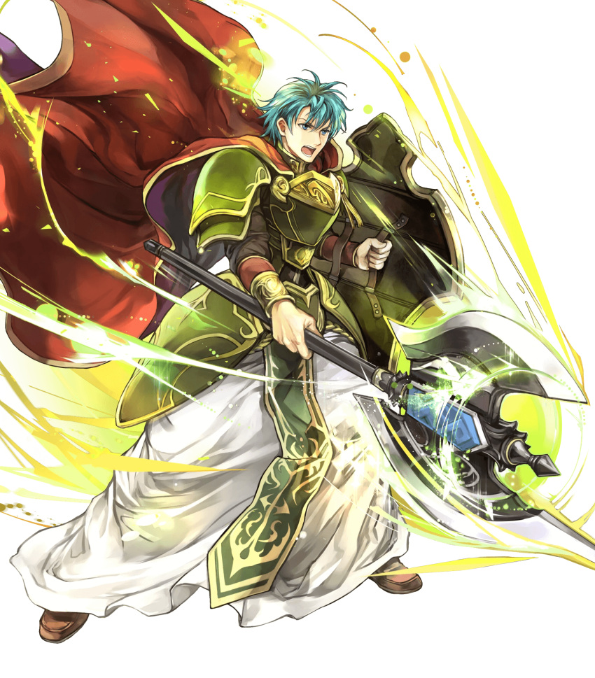 1boy aqua_eyes armor axe battle_axe boots brown_footwear cape cosplay energy ephraim fado_(fire_emblem) fado_(fire_emblem)_(cosplay) fire_emblem fire_emblem:_seima_no_kouseki fire_emblem_heroes full_armor green_armor green_hair highres holding holding_axe holding_shield loincloth male_focus official_art open_mouth pants red_cape robe serious shield short_hair shoulder_armor solo teeth undershirt wada_sachiko weapon white_robe