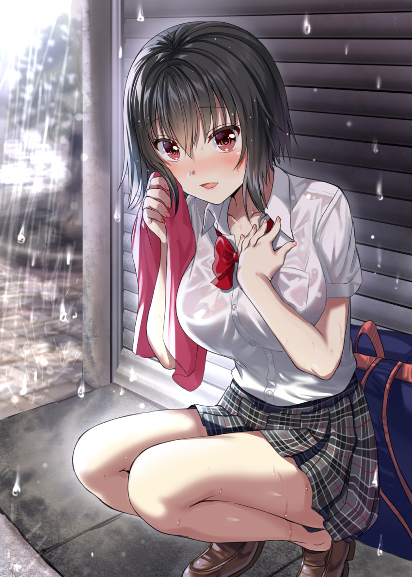 1girl aldehyde bag black_hair blush bow bowtie breasts commentary_request eyebrows_visible_through_hair hair_between_eyes hand_on_own_chest highres imoko_(neeko's_sister) large_breasts looking_at_viewer nose_blush original outdoors parted_lips plaid plaid_skirt pleated_skirt rain red_neckwear see-through shirt short_hair skirt solo squatting towel wet wet_clothes wet_shirt white_shirt