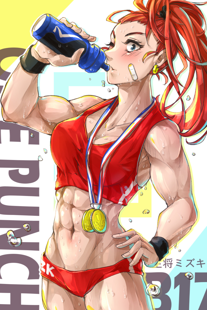 1girl abs blue_eyes bottle breasts captain_mizuki earrings hand_on_hip high_ponytail highres jewelry looking_at_viewer medium_breasts midriff mr.lime muscle muscular_female one-punch_man one_eye_closed ponytail redhead short_shorts shorts solo sports_bra sweat track_and_field track_uniform water_bottle wristband