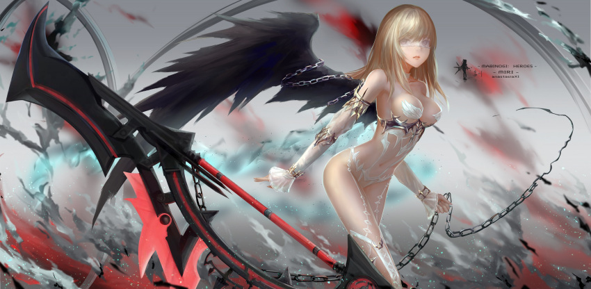1girl bare_shoulders black_wings blonde_hair breasts chains choker closed_mouth collarbone detached_sleeves highres leaning_forward lips long_hair looking_at_viewer mabinogi mabinogi_heroes medium_breasts navel revealing_clothes see-through solo strapless thigh-highs violet_eyes walking wangchuan_de_quanyan weapon wings