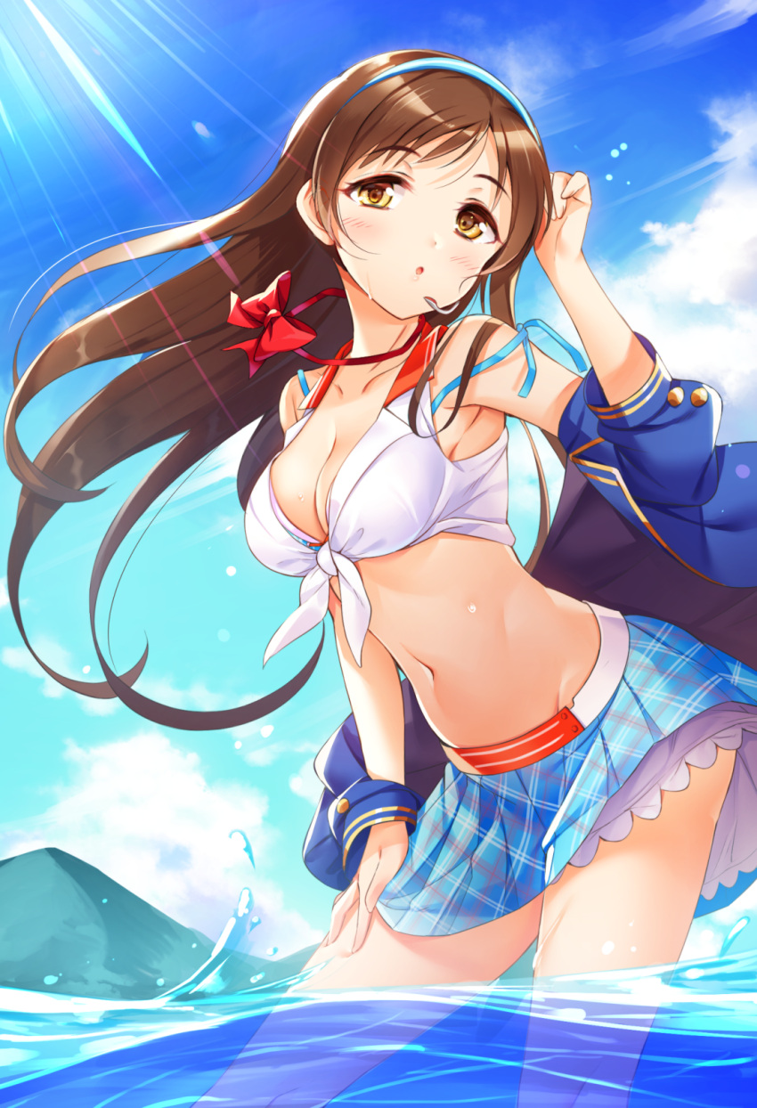 1girl :o arm_up armpits bare_shoulders blue_jacket blue_skirt blue_sky blush bow bowtie breasts brown_eyes brown_hair chiro_(norishiro_michiro) cleavage clouds collarbone commentary_request contrapposto cowboy_shot day floating_hair front-tie_bikini front-tie_top hairband hand_on_own_head hand_on_own_thigh head_tilt headset highres idolmaster idolmaster_cinderella_girls jacket leaning_forward light_rays long_hair long_sleeves looking_at_viewer loose_bowtie medium_breasts mountainous_horizon navel nitta_minami open_clothes open_jacket open_mouth outdoors plaid plaid_skirt print_skirt red_bow red_neckwear shiny shiny_hair skirt sky solo sunbeam sunlight thighs two-tone_hairband wading water white_bikini_top wind