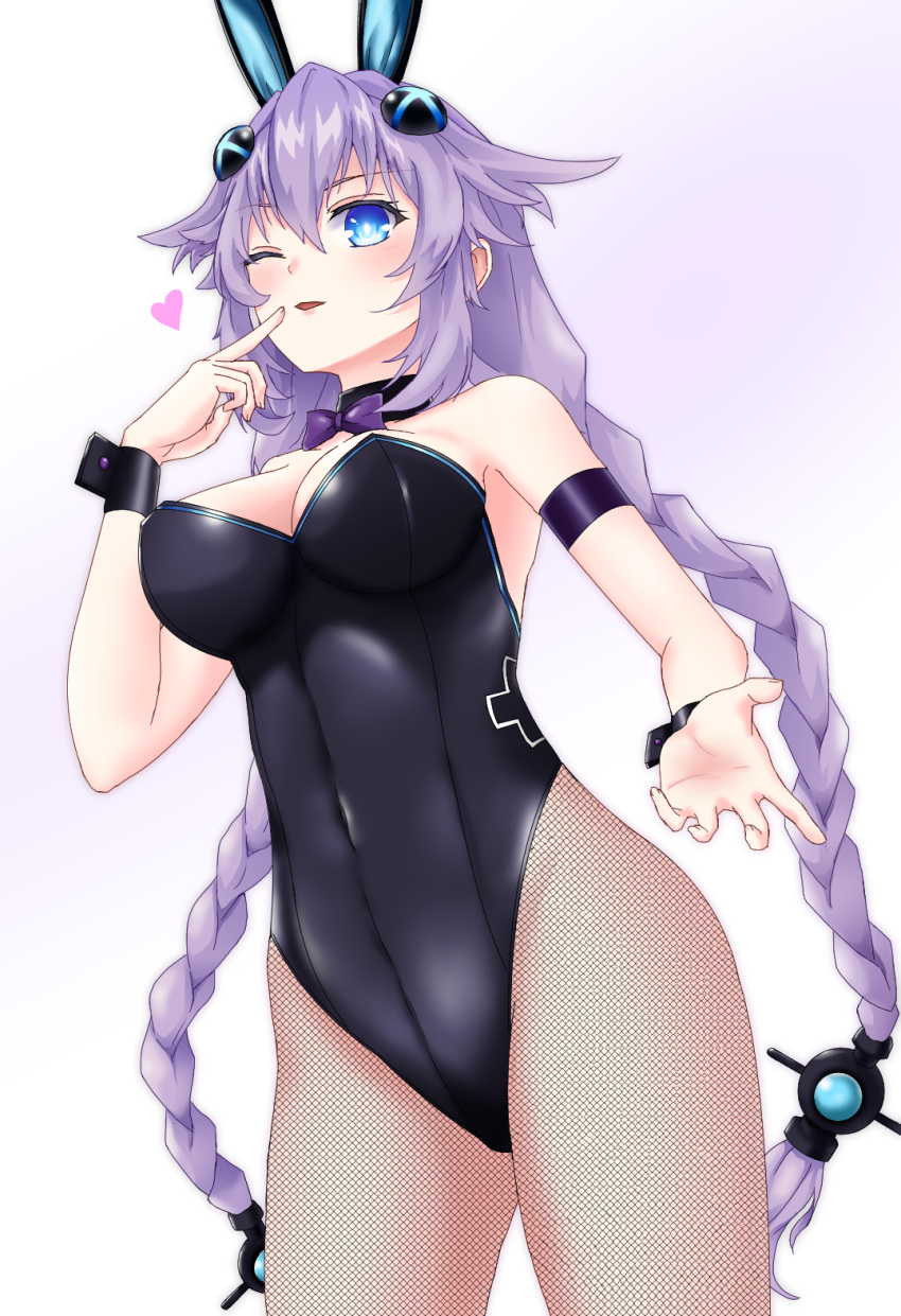 1girl ;d animal_ears bare_shoulders black_leotard blue_eyes blush braid breasts bunnysuit cleavage covered_navel cowboy_shot cuffs detached_collar fishnet_legwear fishnets hair_between_eyes hair_ornament handcuffs heart highres leotard long_hair looking_at_viewer medium_breasts neptune_(series) one_eye_closed open_mouth power_symbol purple_hair purple_heart rabbit_ears seshiro_(which501) skin_tight smile solo spoken_heart symbol-shaped_pupils twin_braids twintails very_long_hair