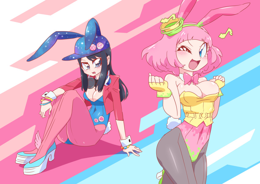2girls absurdres animal_ears baseball_cap black_hair blue_eyes blue_leotard blush breasts bunny_girl bunny_tail bunnysuit cleavage commentary_request covered_navel fake_animal_ears fingerless_gloves gloves hat highres jacket kamen_rider kamen_rider_ex-aid_(series) large_breasts leotard looking_at_viewer medium_breasts multiple_girls musical_note one_eye_closed open_mouth otokamu pink_eyes pink_hair poppi_pipopapo saiba_niko shiny shiny_hair shiny_skin shoes short_hair smile strapless strapless_leotard tail wrist_cuffs
