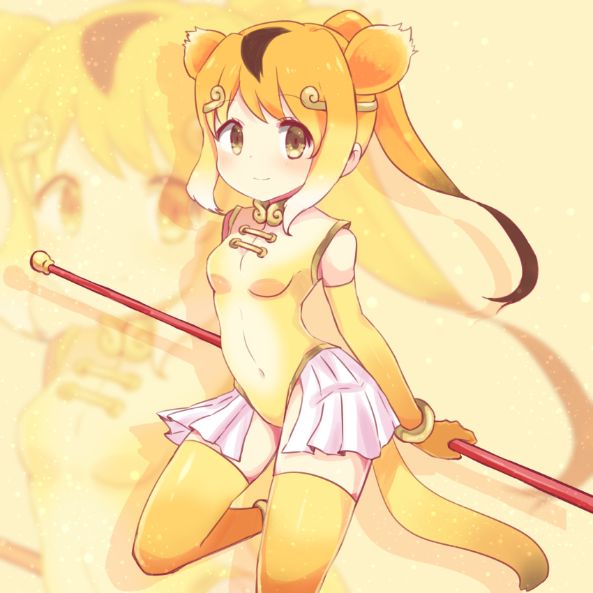 1girl animal_ears bangs bare_shoulders blonde_hair bracelet breasts brown_eyes covered_navel elbow_gloves extra_ears eyebrows_visible_through_hair gloves golden_snub-nosed_monkey_(kemono_friends) gradient_hair high_ponytail highleg highleg_leotard highres holding holding_staff jewelry kemono_friends leotard long_hair monkey_ears monkey_tail mugi_(user_khzh5853) multicolored_hair silhouette small_breasts solo staff tail thigh-highs white_hair yellow_legwear zoom_layer