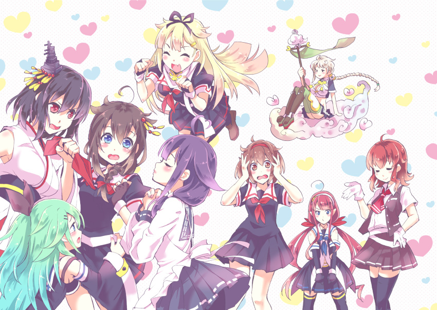 6+girls ahoge aikawa_ruru arashi_(kantai_collection) bangs banner black_gloves black_hair black_legwear black_ribbon black_serafuku blonde_hair blue_eyes blush bow brown_eyes brown_footwear brown_hair closed_eyes clouds commentary_request detached_sleeves facing_another fang fingerless_gloves gloves green_hair hair_between_eyes hair_bow hair_ornament hair_ribbon hairband hairclip harem heart heart_background highres holding holding_staff kantai_collection kawakaze_(kantai_collection) long_braid long_hair long_sleeves looking_at_another multiple_girls nontraditional_miko open_mouth pleated_skirt pout puckered_lips red_bow red_eyes red_hairband redhead remodel_(kantai_collection) ribbon sailor_collar school_uniform serafuku shigure_(kantai_collection) shiratsuyu_(kantai_collection) shoes short_hair short_sleeves sitting skirt smile staff taigei_(kantai_collection) thigh-highs unryuu_(kantai_collection) white_hairband wide_sleeves yamakaze_(kantai_collection) yamashiro_(kantai_collection) yuri yuudachi_(azur_lane) yuudachi_(kantai_collection)