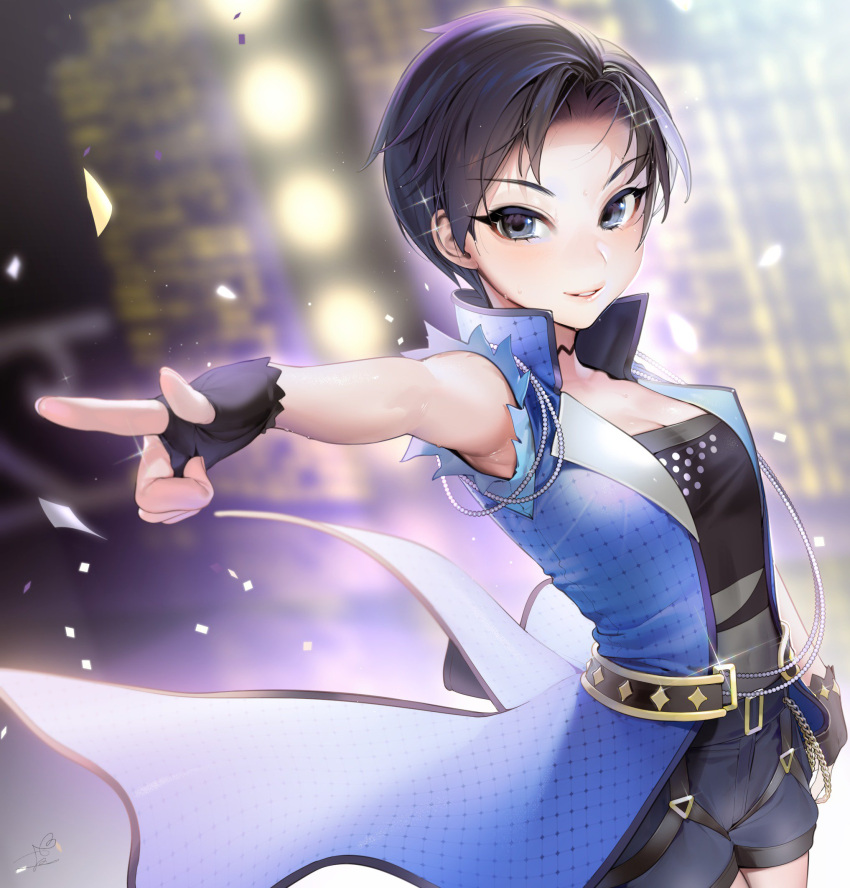 1girl armpits belt blue_eyes blue_hair blue_jacket breasts character_request choker cleavage confetti copyright_request dress_shirt eyebrows_visible_through_hair highres jacket jewelry looking_afar ohisashiburi outstretched_arm parted_lips pointing_finger shiny shiny_hair shirt short_sleeves smile solo
