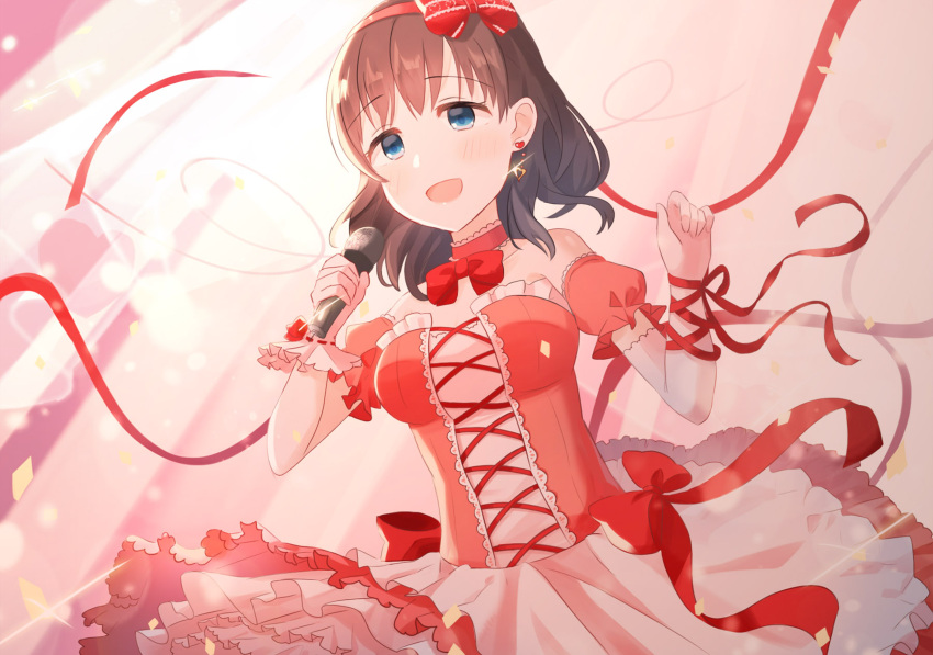 1girl :d arm_ribbon bangs bare_shoulders blue_eyes blush bow bowtie breasts brown_hair chihuri collarbone commentary_request detached_sleeves earrings eyebrows_visible_through_hair glint gloves hair_bow hairband hands_up heart heart_earrings highres holding holding_microphone idolmaster idolmaster_cinderella_girls jewelry medium_breasts microphone open_mouth pink_shirt puffy_short_sleeves puffy_sleeves red_bow red_hairband red_neckwear red_ribbon ribbon sakuma_mayu shirt short_sleeves single_glove skirt smile solo strapless white_gloves white_skirt