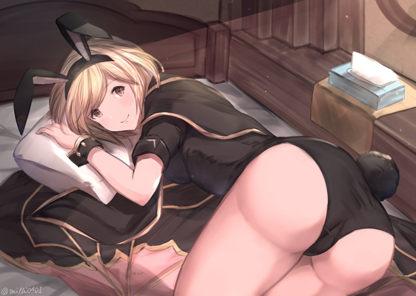 1girl alternate_color animal_ears ass bangs black_cape black_leotard blonde_hair breasts brown_eyes bunny_tail bunnysuit cape commentary_request djeeta_(granblue_fantasy) eyebrows_visible_through_hair fake_animal_ears granblue_fantasy hairband highres leotard light_rays medium_breasts milli_little on_bed pillow rabbit_ears sage_(granblue_fantasy) short_hair short_sleeves smile solo sunbeam sunlight tagme tail tissue_box twitter_username wrist_cuffs