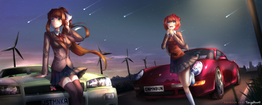 2girls :d black_legwear blue_eyes blue_skirt brown_hair car commentary doki_doki_literature_club english_commentary evening falling_star green_eyes grey_jacket ground_vehicle highres jacket kneehighs long_hair long_sleeves looking_away monika_(doki_doki_literature_club) motor_vehicle multiple_girls nissan nissan_gt-r open_clothes open_jacket open_mouth orange_vest outdoors pleated_skirt ponytail porsche porsche_911 sayori_(doki_doki_literature_club) school_uniform short_hair skirt sky smile star_(sky) starry_sky takuyarawr thigh-highs white_legwear wind_turbine windmill