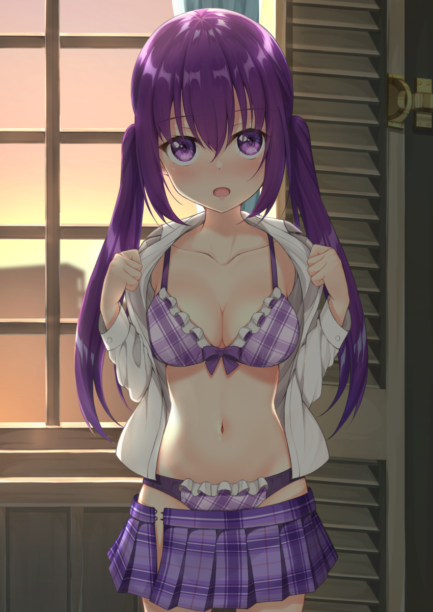 1girl :o absurdres bangs blush bra breasts cleavage collarbone commentary cowboy_shot dusk evening frilled_bra frilled_panties frills gochuumon_wa_usagi_desu_ka? gradient_sky hair_between_eyes highres indoors long_hair long_sleeves medium_breasts mottsun_(i_40y) navel open_clothes open_fly open_mouth open_shirt open_skirt panties plaid plaid_bra plaid_panties plaid_skirt print_bra print_panties print_skirt purple_bra purple_hair purple_panties shiny shiny_hair shirt sidelocks skirt skirt_pull sky solo tedeza_rize twintails underwear undressing unzipped violet_eyes white_shirt window