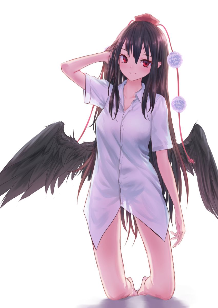 1girl alternate_hairstyle arm_up bangs barefoot black_wings blush breasts collarbone commentary_request eyebrows_visible_through_hair feathered_wings hair_between_eyes hand_in_hair hat head_tilt highres kneeling long_hair medium_breasts naked_shirt pom_pom_(clothes) roke_(taikodon) see-through shadow shameimaru_aya shirt short_sleeves sidelocks simple_background solo tassel thighs tokin_hat touhou very_long_hair white_background white_shirt wing_collar wings