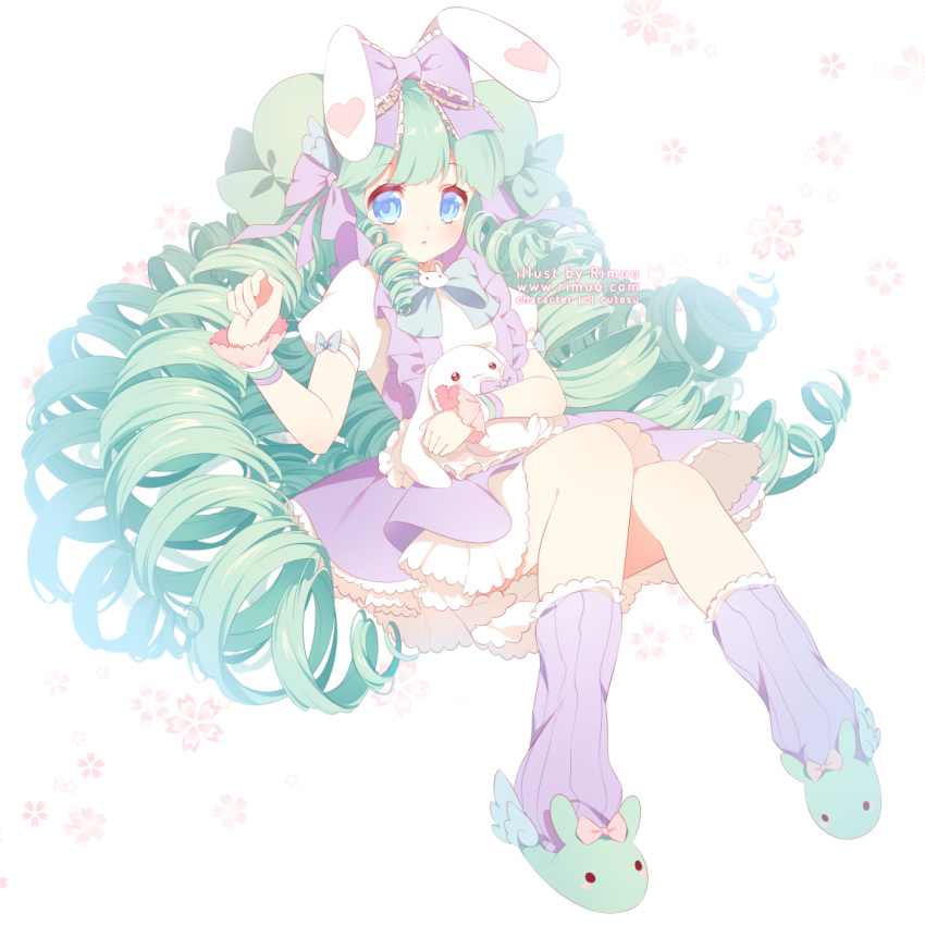 1girl animal_ears animal_slippers bangs blue_eyes blush bow bunny_slippers commentary commission english_commentary eyebrows_visible_through_hair frilled_bow frills full_body green_footwear green_hair hair_bow hand_up long_hair looking_at_viewer loose_socks object_hug original parted_lips puffy_short_sleeves puffy_sleeves purple_bow purple_legwear purple_skirt rabbit_ears rimuu shirt short_sleeves sidelocks skirt slippers solo stuffed_animal stuffed_bunny stuffed_toy very_long_hair watermark web_address white_background white_shirt wrist_cuffs