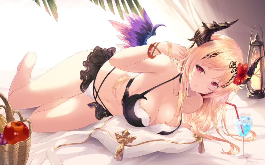 1girl apple barefoot basket bikini blonde_hair breasts cait collarbone commentary_request cup dark_angel_olivia drinking_glass drinking_straw flower food fruit granblue_fantasy hair_flower hair_ornament highres horns lamp large_breasts long_hair looking_at_viewer lying navel red_eyes solo swimsuit wings